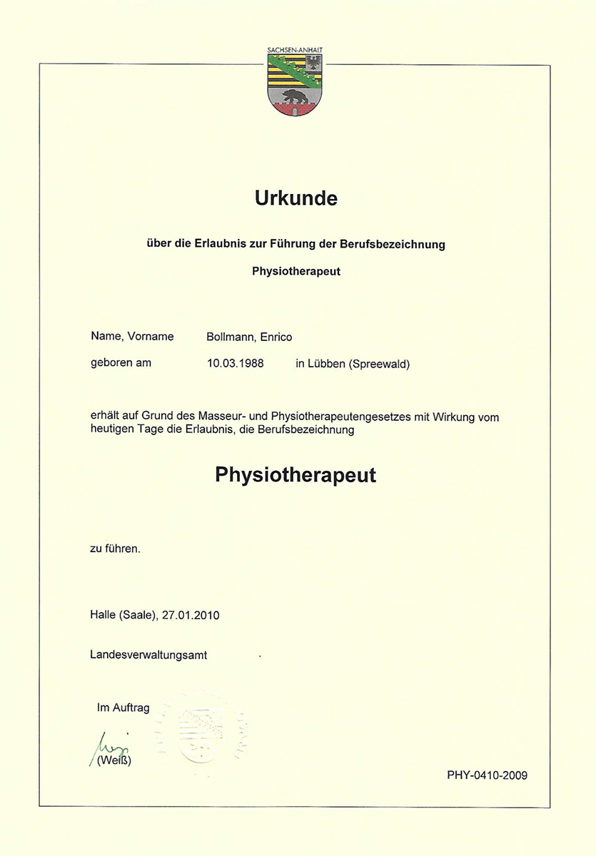 Berufsurkunde Physiotherapeut