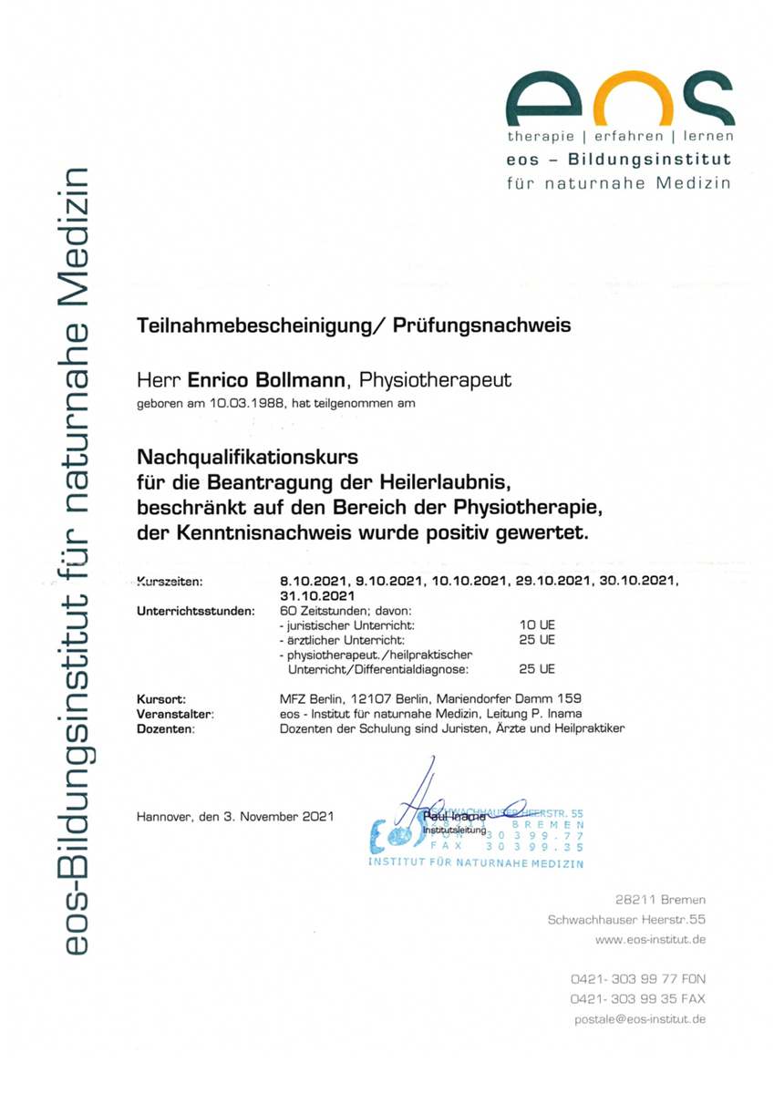 Heilerlaubnis Physiotherapie